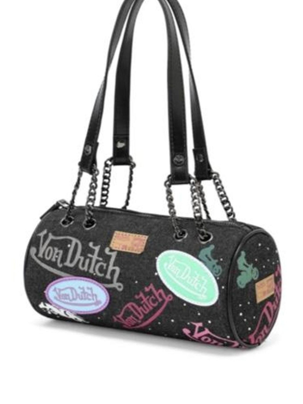 Von Dutch Black Denim Barrel Bag with Colorful Patch Accents